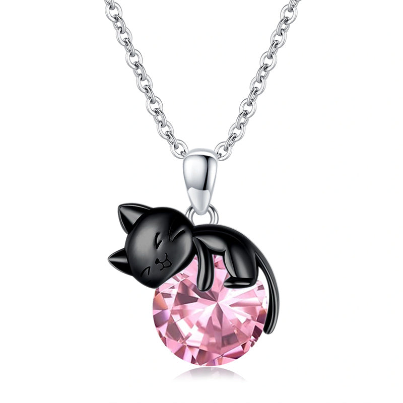 Black Cat Animal Necklace With Birthstone Sterling Silver Gift For Mother Women