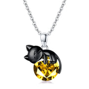 Black Cat Animal Necklace With Birthstone Sterling Silver Gift For Mother Women