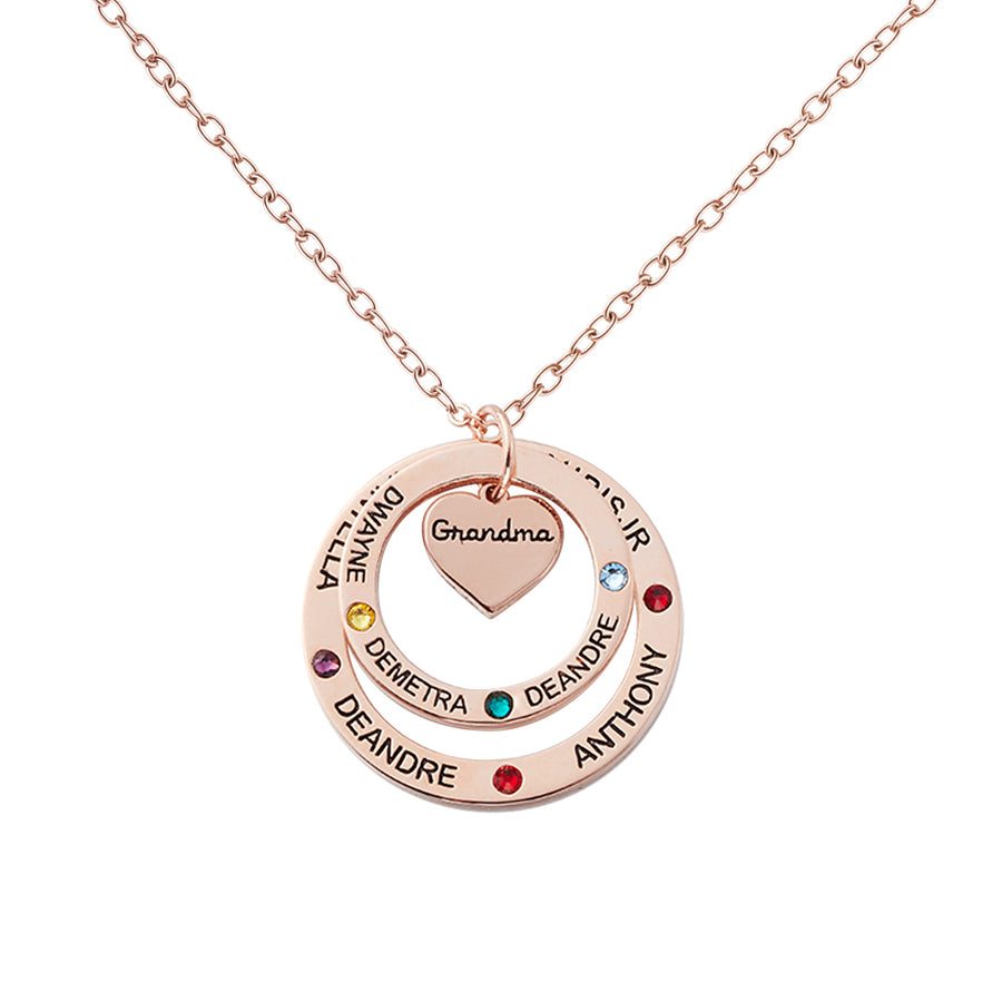 Birthstone Necklace with Heart & Ring Pendant, Necklace with Custom 1-7 Birthstones & Names