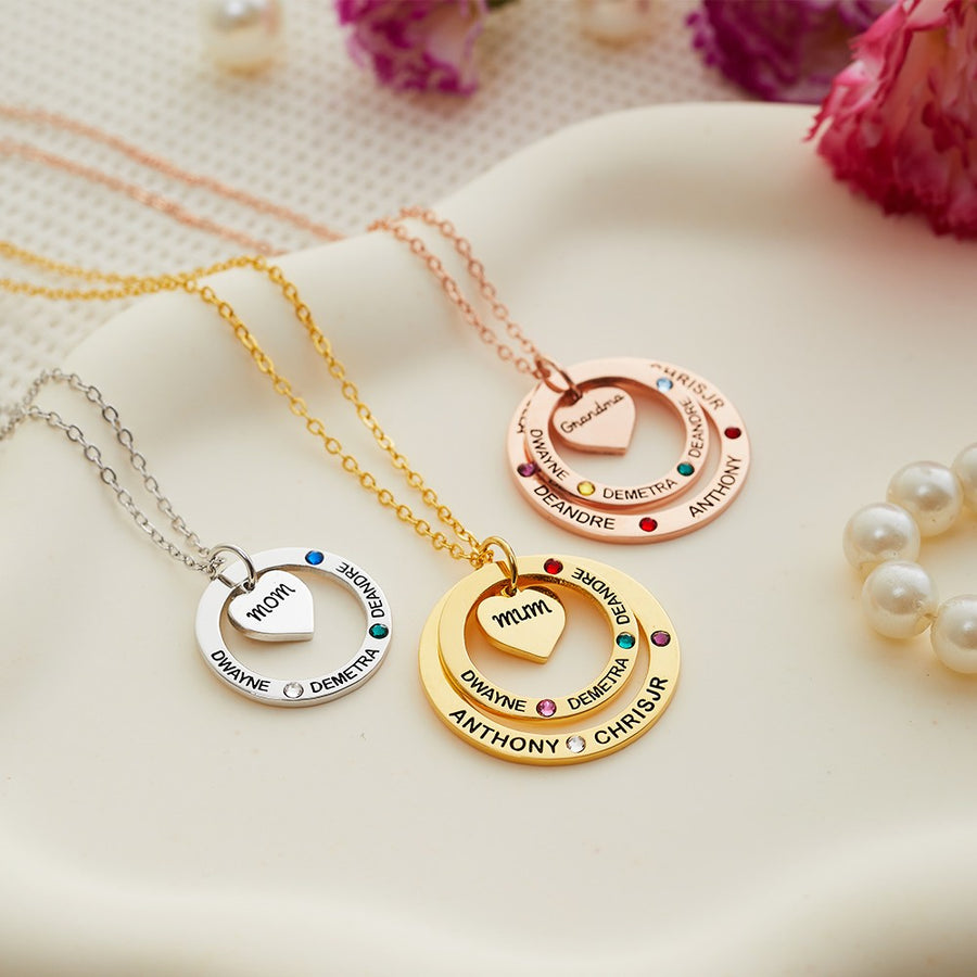 Birthstone Necklace with Heart & Ring Pendant, Necklace with Custom 1-7 Birthstones & Names