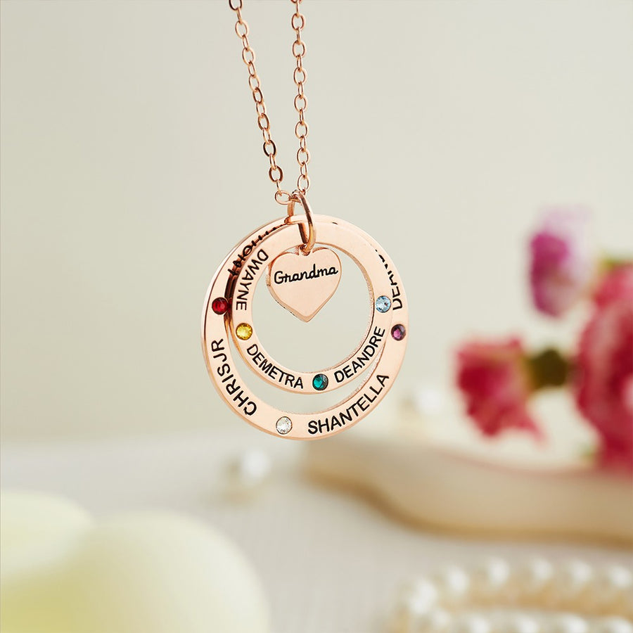 Birthstone Necklace with Heart & Ring Pendant, Necklace with Custom 1-7 Birthstones & Names