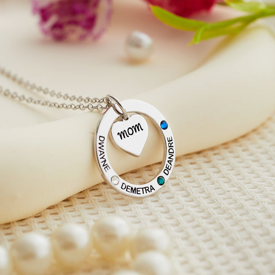 Birthstone Necklace with Heart & Ring Pendant, Necklace with Custom 1-7 Birthstones & Names