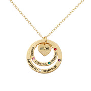 Birthstone Necklace with Heart & Ring Pendant, Necklace with Custom 1-7 Birthstones & Names