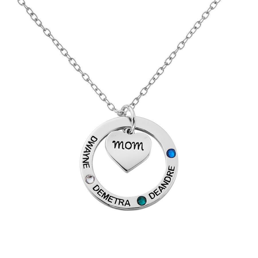 Birthstone Necklace with Heart & Ring Pendant, Necklace with Custom 1-7 Birthstones & Names