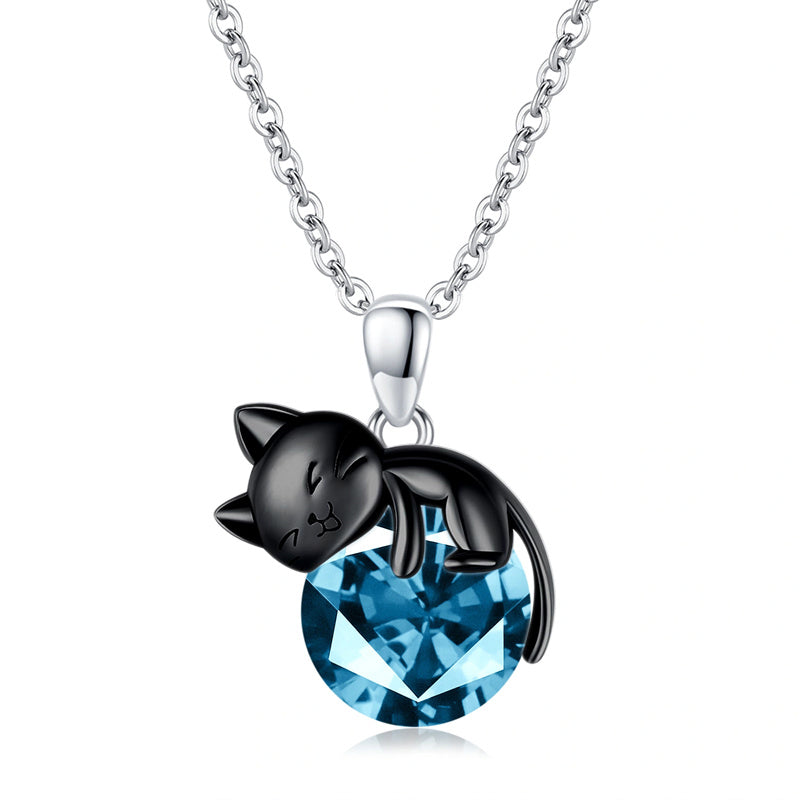 Black Cat Animal Necklace With Birthstone Sterling Silver Gift For Mother Women