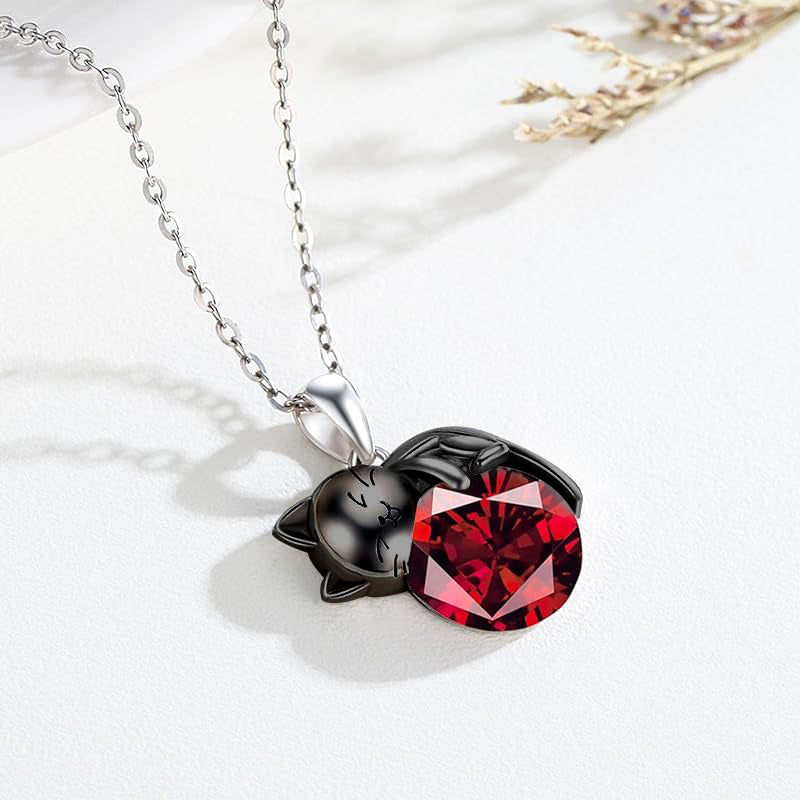 Black Cat Animal Necklace With Birthstone Sterling Silver Gift For Mother Women