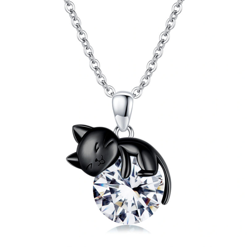 Black Cat Animal Necklace With Birthstone Sterling Silver Gift For Mother Women