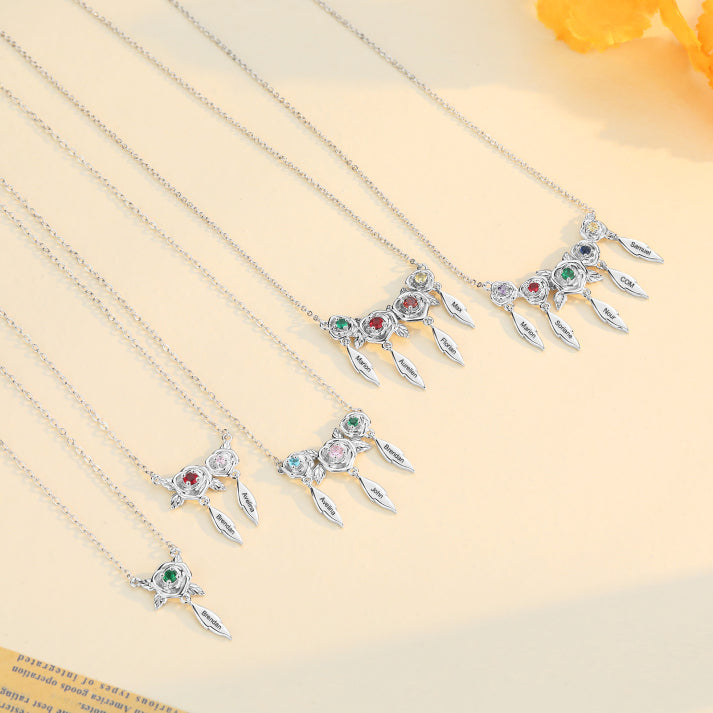 Custom 1-5 Names Rose Necklace with Birthstone, Leaf Necklace, Gift for Mom/Grandma/Wife