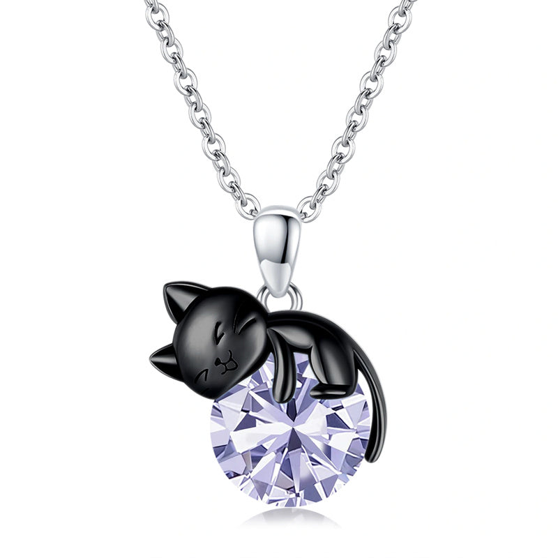 Black Cat Animal Necklace With Birthstone Sterling Silver Gift For Mother Women