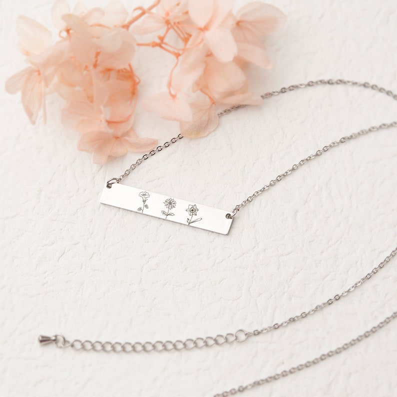 Custom Birth Flower Bar Necklace - Family Birth Flower Engraved Handmade Jewelry