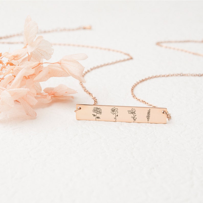 Custom Birth Flower Bar Necklace - Family Birth Flower Engraved Handmade Jewelry